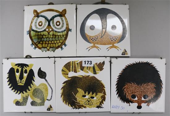 Four Kenneth Townsend animal tiles and one other 15 x 15cm